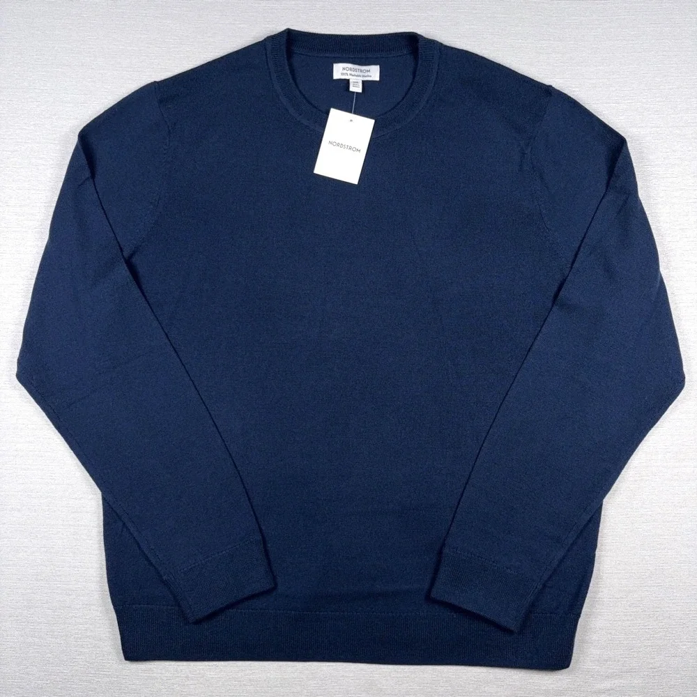 Nordstrom Crew Neck Sweater Mens 2XL Navy Merino Wool Long Sleeve NEW